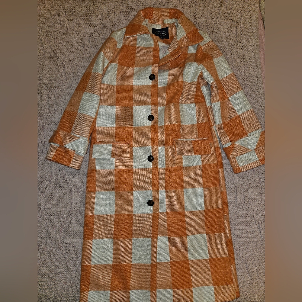 Scoop  Orange‎ and Cream Plaid Trench Coat